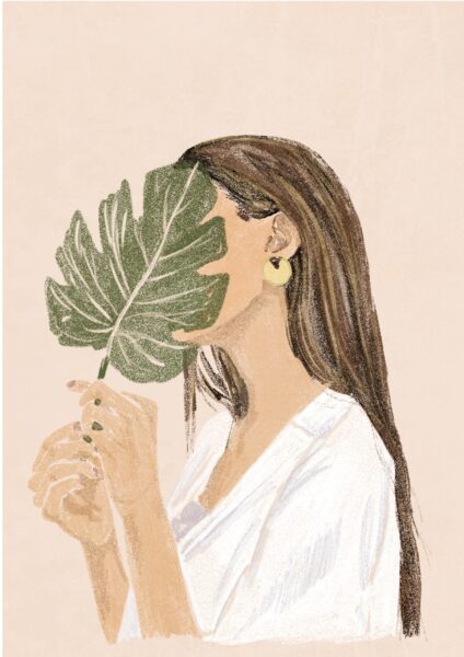 Fototapeten Frau und Monstera-Blatt