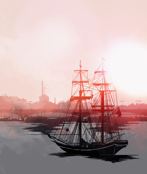 Fototapeten Schiff bei Sonnenuntergang