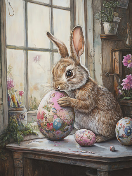 Fototapeten Hase mit Osterei