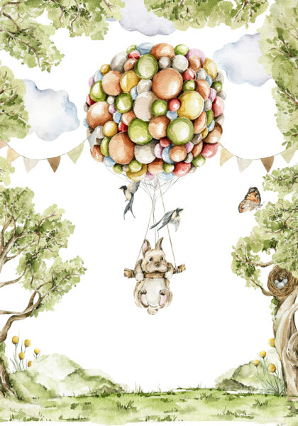 Fototapete Hase auf einer Ballonschaukel