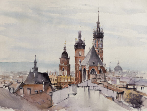 Fototapeten Krakau – ein Panorama der Stadt im Aquarellstil