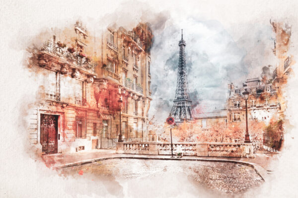 Fototapeten Aquarellgemälde von Paris mit dem Eiffelturm