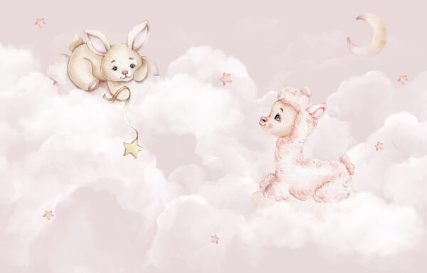 Fototapeten Schaf und Hase auf pastellfarbenen Wolken