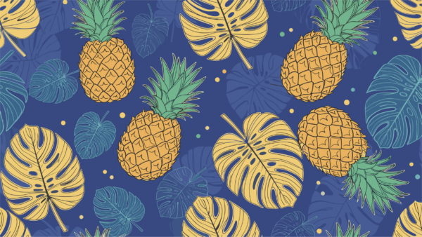 Fototapeten Gelbe Ananas und Blätter auf marineblauem Hintergrund