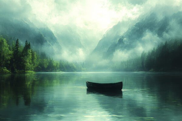 Fototapeten Boot auf dem Misty Lake