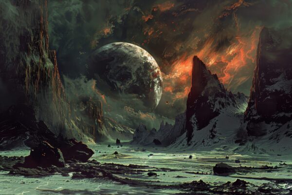 Fototapeten Außerirdischer Planet über dem felsigen Land