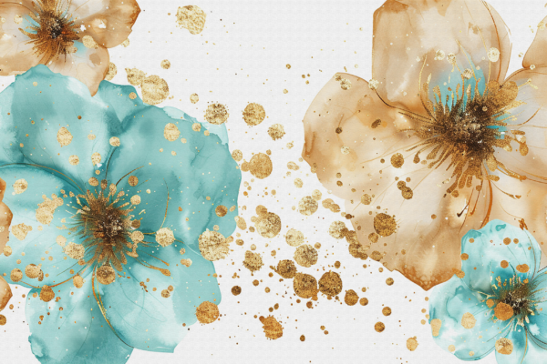 Fototapeten Aquarellblumen mit Gold