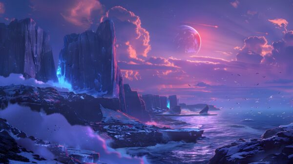 Fototapeten Außerirdischer Planet über der Rocky Coast