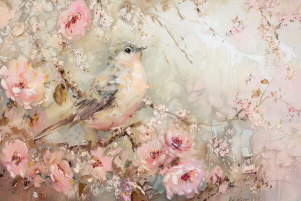 Fototapeten Aquarell: Vogel im Blumen