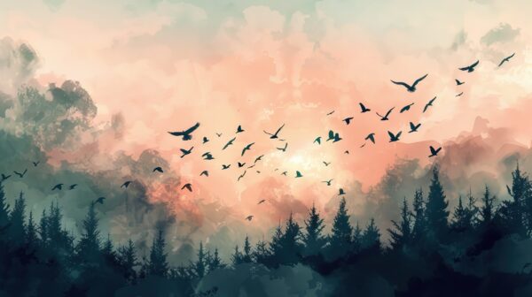 Fototapeten Ein Vogelschwarm über dem Waldhorizont