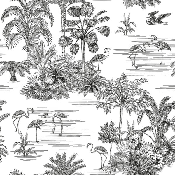 Fototapeten Schwarz-weiße Flamingos in tropischer Vegetation