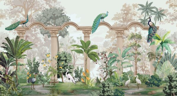 Fototapeten Garten mit Pfauen