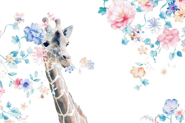 Fototapeten Giraffe zwischen Aquarellblumen