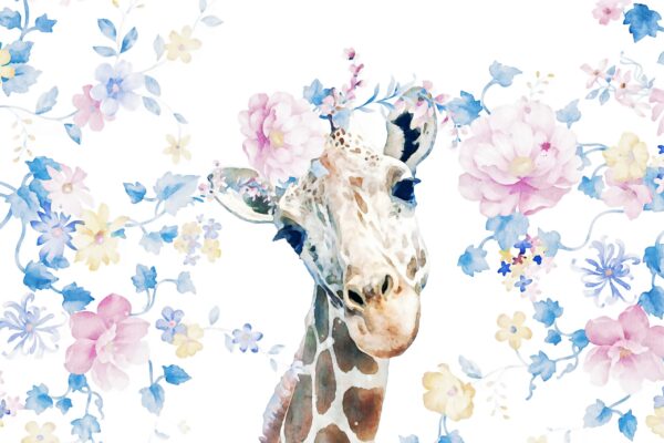 Fototapeten Giraffe umgeben von pastellfarbenen Blumen