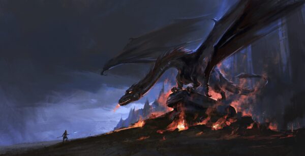 Fototapeten Der Drache über den brennenden Ruinen