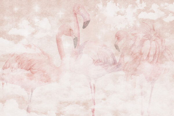 Fototapeten Pastellfarbene Flamingos in den Wolken